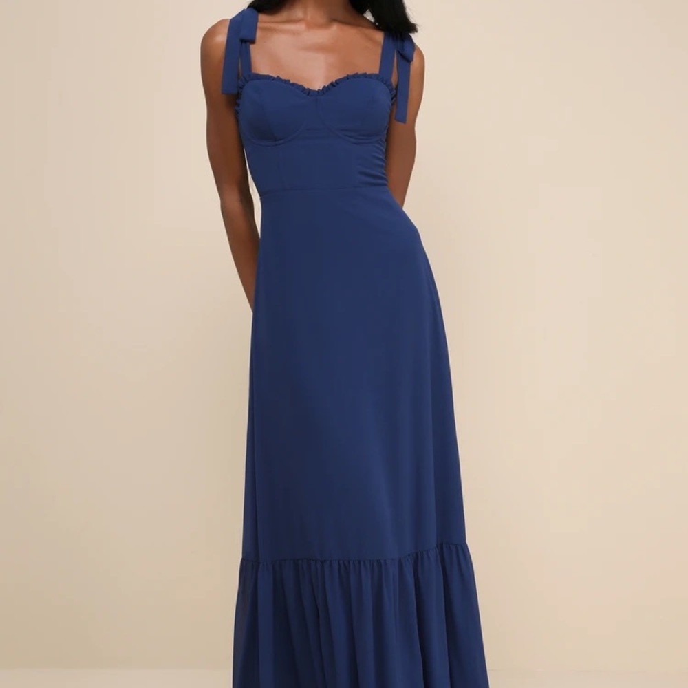 Lulu's Truly Gorgeous Dark Blue Ruffled Bustier Tie-Strap Maxi Dress Size XL